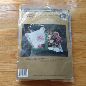 Vintage Embroidered Pillow Sewing Kit Candlewicking Flowers Lace Fabric Floss